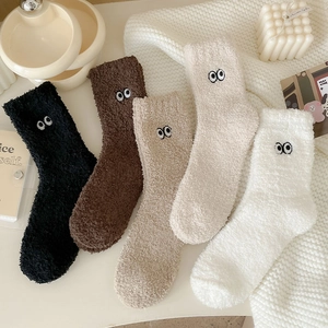 Women Sleeping Socks Coral Fleece Thickened Warm Home Mid Calf Cartoon Eye Embroidery Solid Color Soft Cozy