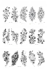 Detailed catalog showing 15 styles of black floral and animal temporary tattoos in 208x95mm