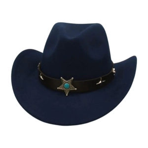 Detail of dark blue felt cowboy hat featuring leather band with star badge and turquoise