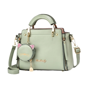 Pale green large capacity PU leather shoulder bag with cat charm and gold hardware