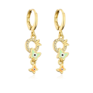 Pair of 18K gold-plated geometric earrings with colorful butterfly evil eye pendants