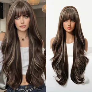 Detail view of 24-inch long wavy wig with air bangs and blonde highlights on brown hair