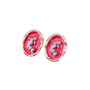 French luxury style oval pearl earrings with pink enamel and silver fish design in gold