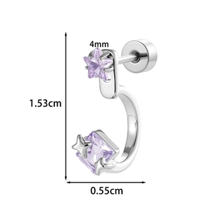 Minimalist silver star and square purple zircon C-shape earrings dimensions 1.53cm height