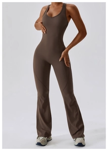 Detail of high-elasticity fabric on backless V-neck dark coffee flare yoga jumpsuit