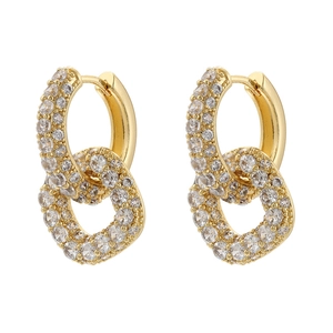 Detail of 18K gold plated hoop earrings with interlocking rings and colorful crystals