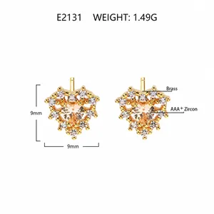 Macro view of heart-shaped brass earrings with clear AAA zircon and 18K gold plating