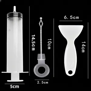 Three-piece refrigerator drain hole cleaning tool set with syringe and scraper