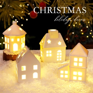 Christmas Ceramic Glowing House Ornament LED Night Light Desktop Decor For Holiday Party Home Decoration Warm Light