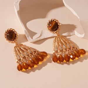 Vintage gold earrings with tiger eye stone and amber crystal tassels for women