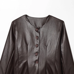 Classic French style dark brown faux leather jacket with round neck and buttons