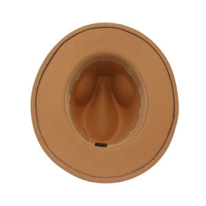 Internal view of camel wool fedora hat featuring inner sweatband and high-quality felt material