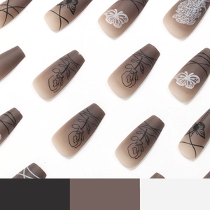 Matte long coffin press-on nails with rose gradient and butterfly patterns