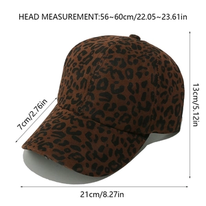 Detailed size chart for leopard print baseball cap with dimensions for head circumference