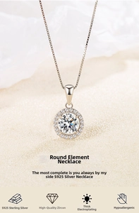 Detailed macro view of S925 sterling silver halo necklace with round zircon pendant