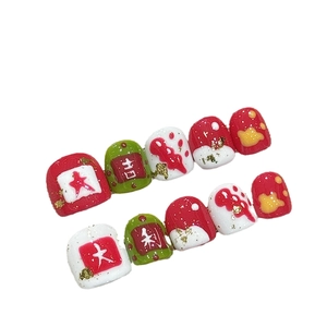 Handmade red cartoon press-on nails for kids with 3D lucky characters and glitter art