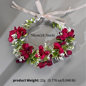 Detailed size view of dark red rose floral headband with 50cm circumference and 22g weight