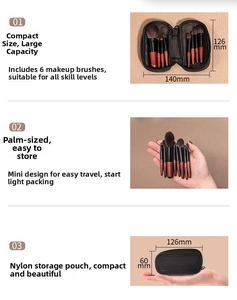 Detailed size view of a 6-piece mini makeup brush set with portable nylon storage pouch