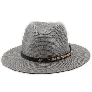 Classic grey fedora straw hat with decorative leather band shown from a 45-degree angle