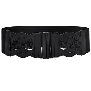 Detail of black wide elastic waist belt for women with intricate woven faux leather pattern