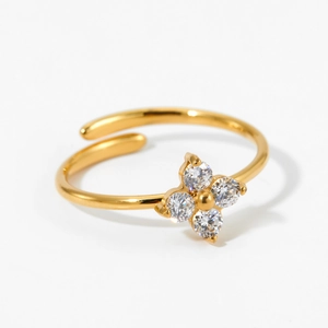 Golden stainless steel adjustable open ring with flower-shaped zircon stone inlay
