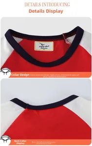 Détails du col d'un t-shirt raglan pour enfants avec coutures tricolores et étiquette
