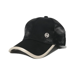 Fashionable black baseball cap with metallic M logo and subtle glitter finish for women