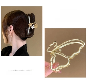 Gold butterfly metal hair clip and pearl shark clip for women's elegant hair styling