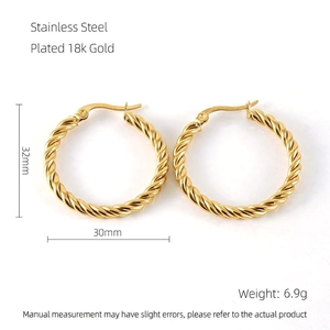 Classic 18K gold plated stainless steel twisted hoop earrings, 32mm size