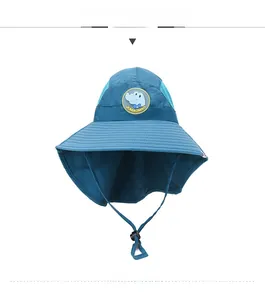 Close-up of kids sun hat with neck flap, breathable mesh and peacock blue finish