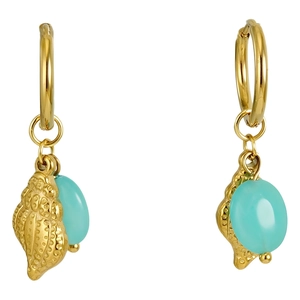 Golden shell hoop earrings with turquoise stones in a minimalist marine design
