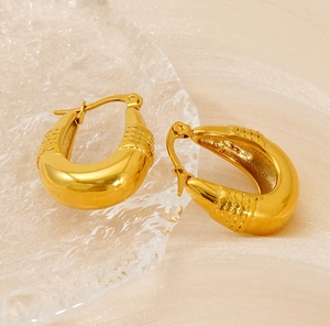 Detailed view of gold plated oval earrings with herringbone texture on glass