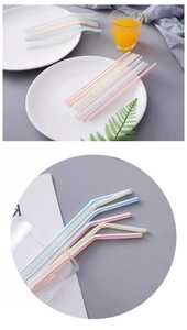Macro detail of flexible plastic straws with colorful stripes in straight and bent positions