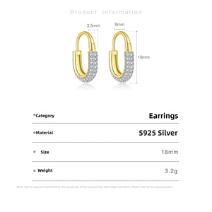 Detailed size chart and specifications for S925 silver U-shaped hoop earrings with zircons