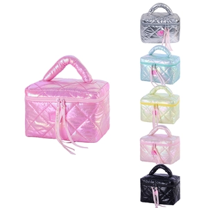 Quilted glossy makeup bag with metallic finish in multiple colors and large capacity