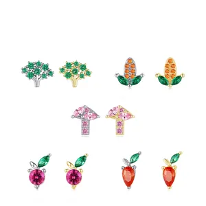 S925 silver stud earrings set with colorful zircon in tree, mushroom and carrot shapes