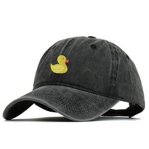 Washed dark gray baseball cap with cute yellow duck embroidery in high-quality cotton