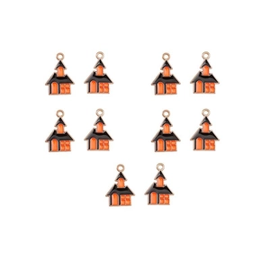 Set of 10 black and orange enamel haunted house alloy charms for DIY Halloween jewelry