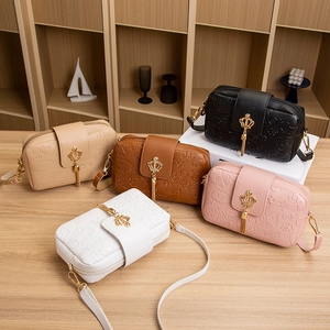 Women PU Leather Crossbody Bag Small Square Mobile Phone Pouch Cartoon Embossed With Gold Crown Tassel Lock Closure