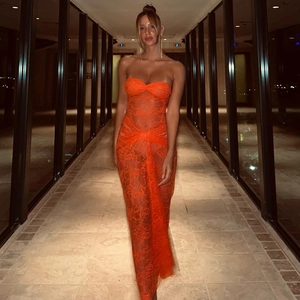 Sexy orange lace mesh maxi dress with hollow out details and thigh high slit for women