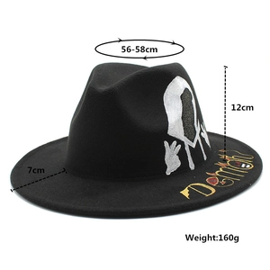 Detailed dimensions of black wool Fedora hat with hand-painted Demon graffiti graphics