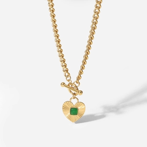Golden Cuban chain necklace with heart pendant and green agate inlay with OT buckle
