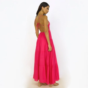 Sexy backless rose red halter maxi dress with layered ruffle cake hem for summer vacation