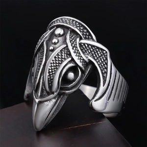 Vintage stainless steel raven ring with 3D embossed gothic viking crow head design