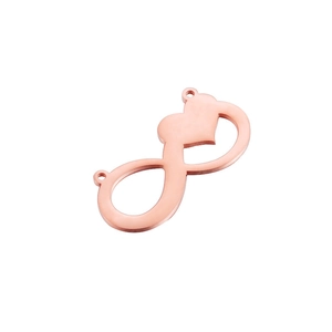 Detailed view of rose gold stainless steel heart and infinity symbol jewelry connector