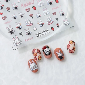Autocollants De Décoration Ongles Relief 3D Lapin Dessin Animé Fleur Coeur Fraise Auto Adhésifs Manucure DIY Femmes