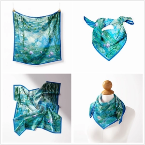 Monet style water lily silk scarf with vibrant green and blue impressionist patterns