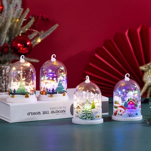 Detailed view of glowing LED Christmas dome ornaments with Santa and tree inside