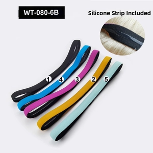 Detail of five colorful sports headbands showing the non-slip inner silicone strip