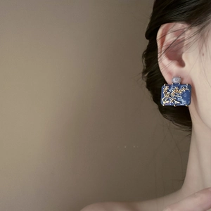 Square floral enamel earrings with blue base and gold plum blossom for women